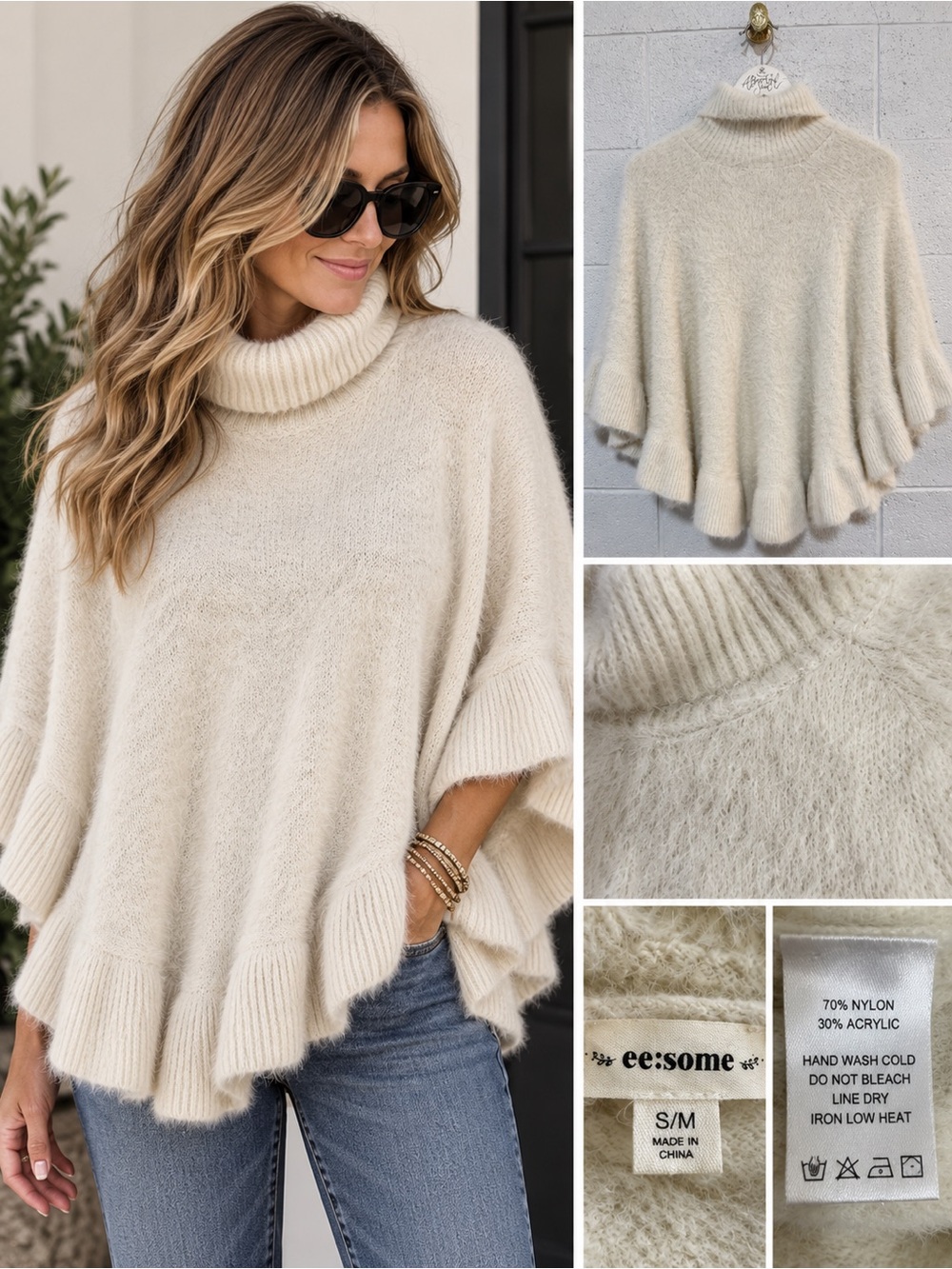 eesome Cream Turtleneck Poncho Sweater - Soft Ruffle Hem